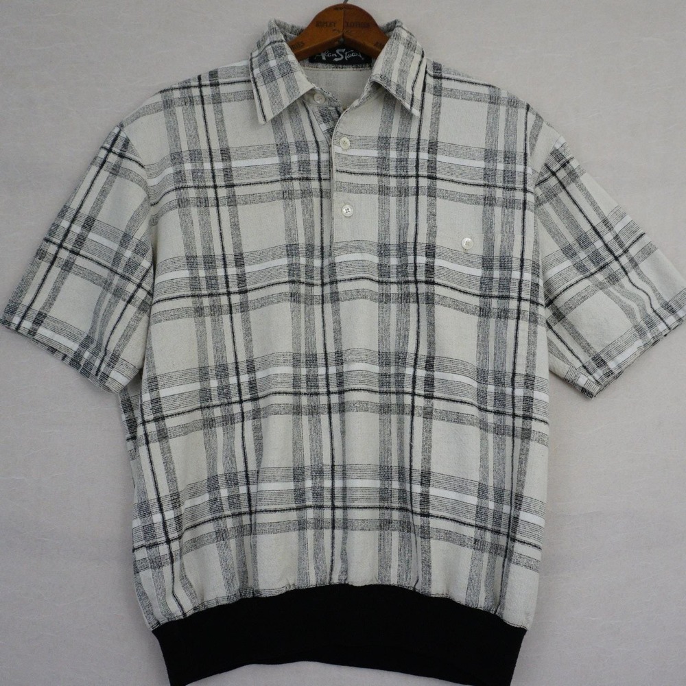 Vintage Alan Stuart Shirt Mens M Black White Plaid Pullover Top Casual USA
